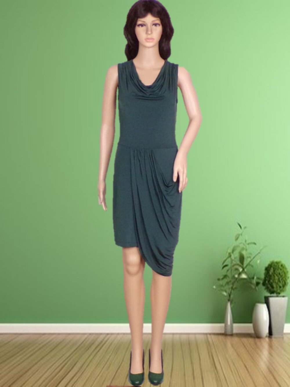 BCBGMAXAZRIA SIZE XS forest-green sleeveless party sheath dress acetate/spandex